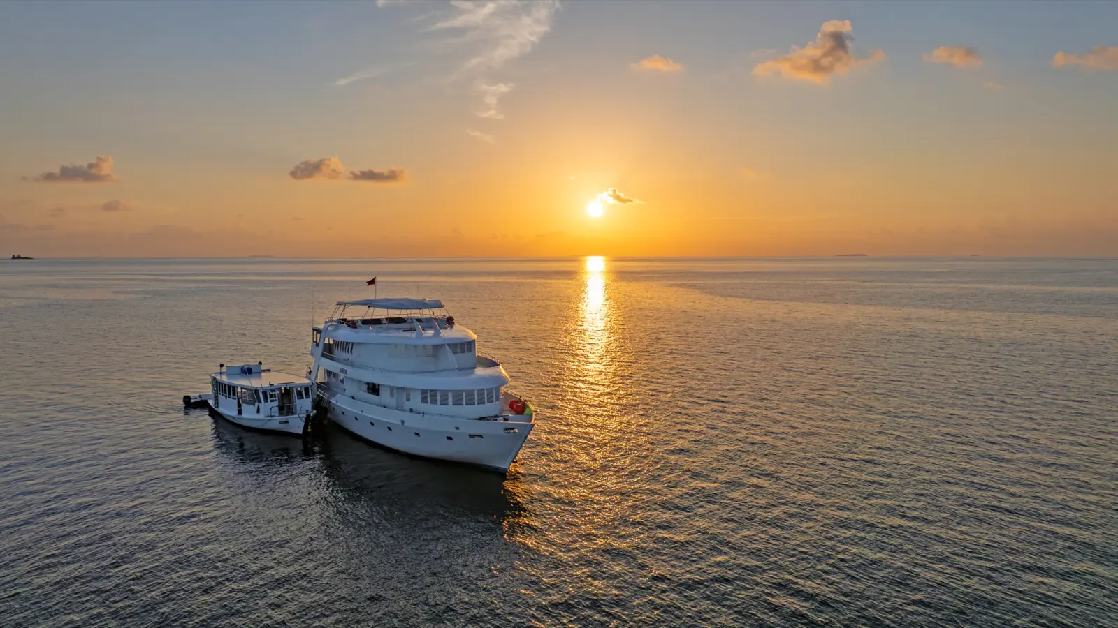 Aerial view of the AMBA liveaboard in the Maldives