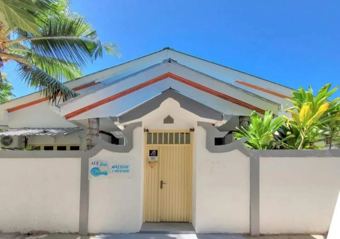 Entrance and front of Ale Sara Guest House on Thoddoo, Maldives