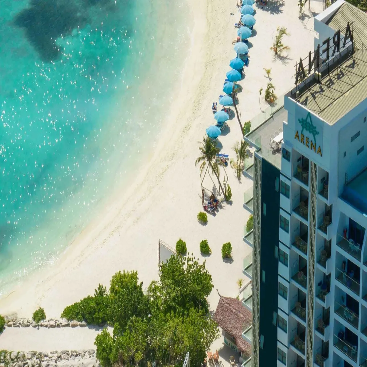 Aerial view of Arena Beach Hotel on Maafushi, Maldives