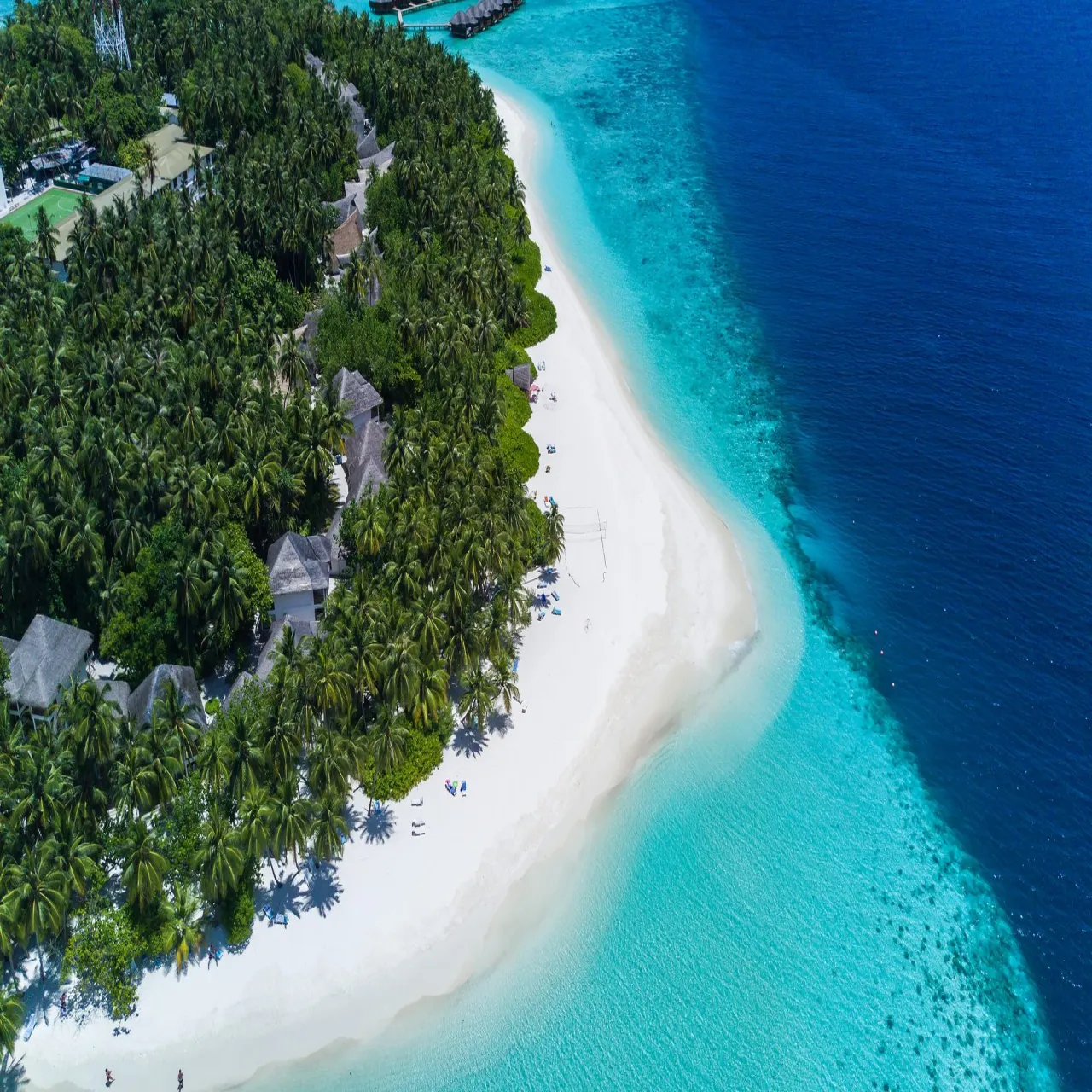 Aerial view of Fihalhohi Island Resort on Fihalhohi, Maldives