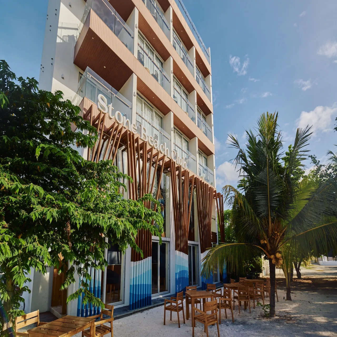 Exterior of Stone Beach Club on Dhiffushi, Maldives