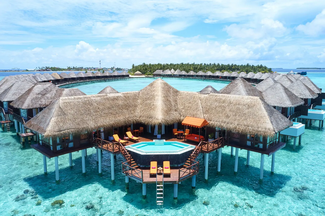 Water villas aerial view at Sun Siyam Vilu Reef, Maldives